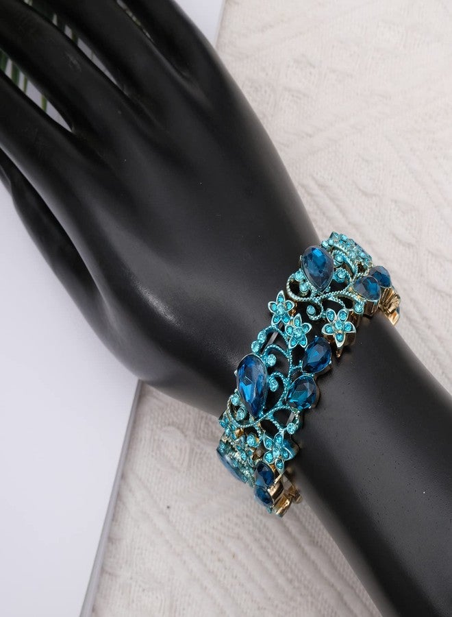 CSY Elegant Stretch Bangles Art Deco Statement Cuff Bangle Elastic Wide Bracelet Wedding Party Prom Jewelry for Women (Aquamarine-Gold tone) - Image 3